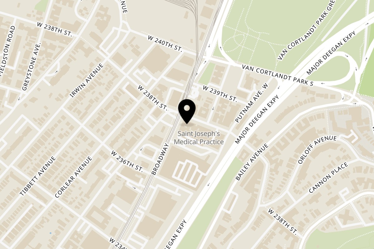 Map showing the location of Speedy Tacos and Chicken on 240w W 238th St in Bronx
